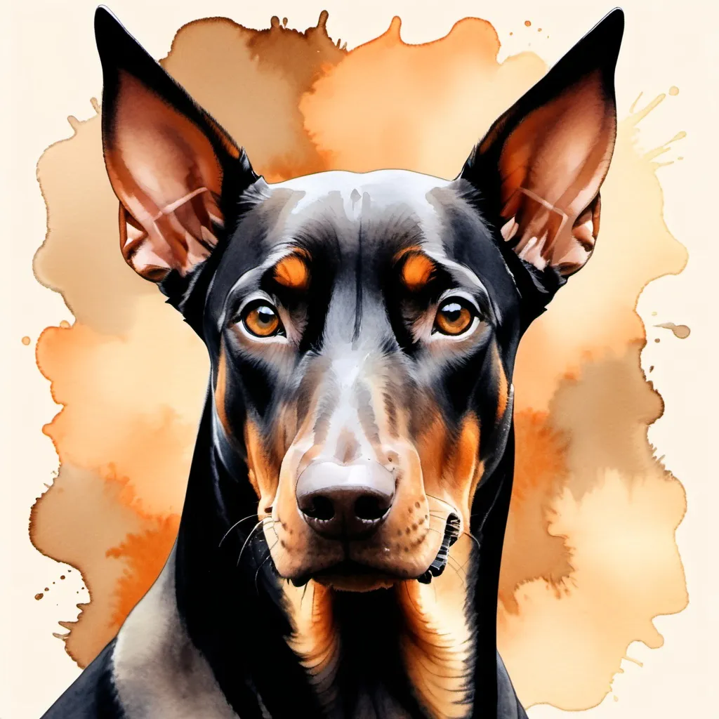 Prompt: A Doberman in watercolor, centered, in brown, black in details faint orange and with a soft cream, color background.