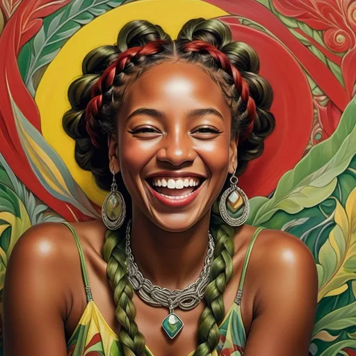 Prompt: 4k image, A vibrant painting featuring a woman with dark skin who is happy and laughing, adorned with silver jewelry and braided hair, set against an abstract background of reds and greens and yellow, blending realism and abstract art, William Morris's style, Digital Image.