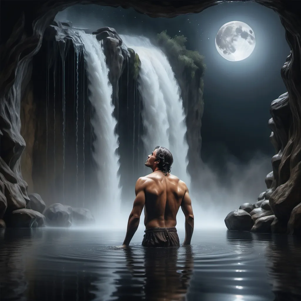 Prompt: 4k image, oil painting in natural dark colors, A in naturalcolors image, capturing a man partially submerged in water with a waterfall behind him, creating a serene ambiance with misty water droplets and reflecting light, Moon in the far back, Michelangelo style. digital image.