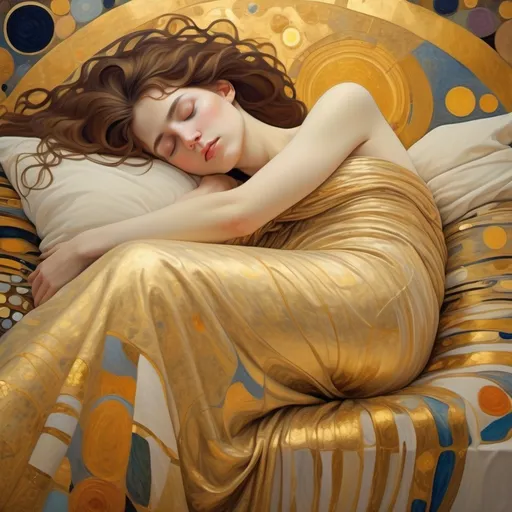 Prompt: 4k image, oil painting in natural warm calm and peaceful colors, a modern art painting with a a beautiful sleeping woman, becoming visible in the colors, gold in details, Gustav Klimt's Style, digital image.