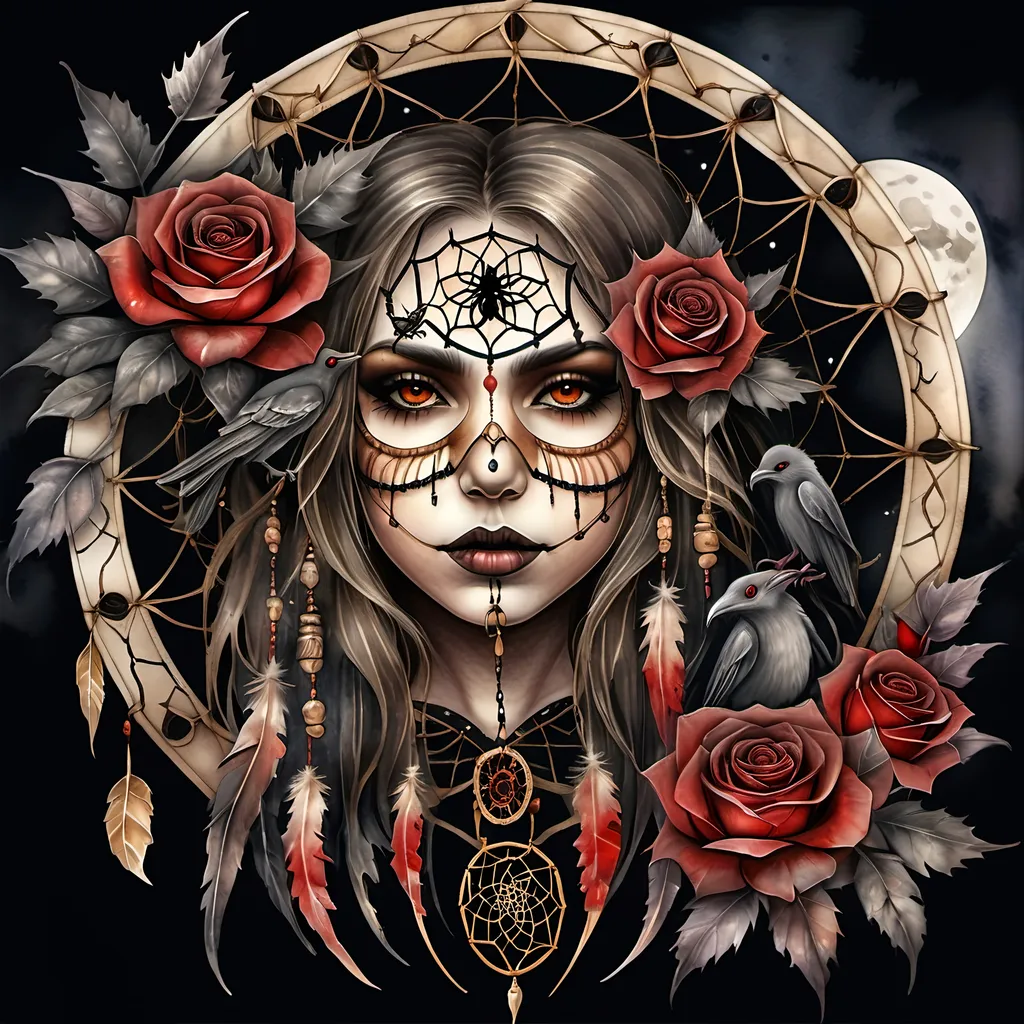 Prompt: 4k Image, realistic image, a sheer, misted and wonderful world, in natural dark warm watercolor, colors gold and black in details,  (medium closeup:0.6) portrait, we see a scary and beautiful dreamcatcher with thorns, red roses, and bats and the mandala are for vampire protection, a full moon is up and gives the picture some soft light, the feeling in the picture is fright, scary and spooky. John Bauer's style, digital image,