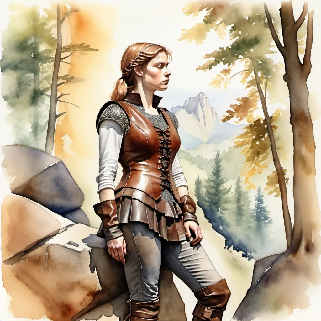 Prompt: A watercolor image, capturing a woman in medieval attire with chainmail and a leather vest, leaning against a boulder with a bow in hand, gazing into the distance in a sunlit forest, Michelangelo style. digital image,