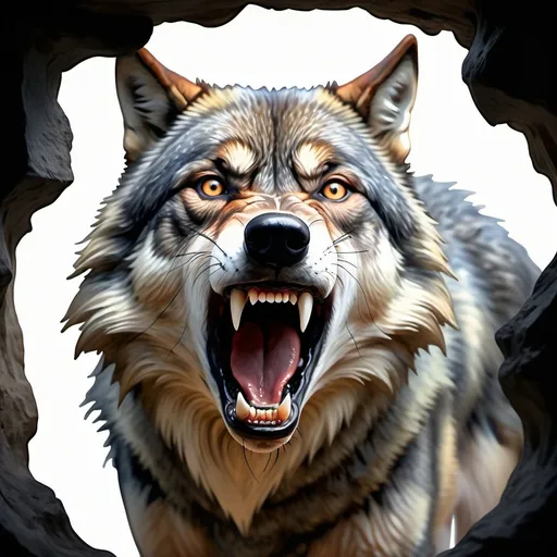 Prompt: Realistic image, 4K image, watercolors, we see it from the front, centered, a background with (medium closeup:0.6) portrait, a really scary spooky and creepy opened mouth, the mouth ofa huge scary wolf the wolf want's to eat us up, like a fantastic hole in a cave with black iscicles and lights inside, at the opening (medium closeup:0.6) portrait, under the eyes we see another wolf gnawing on a bone, and he is angry at us, the colors should be in blue, green, brown and orange, black, bronze and gold in the details. John Bauer's style, Digital image.