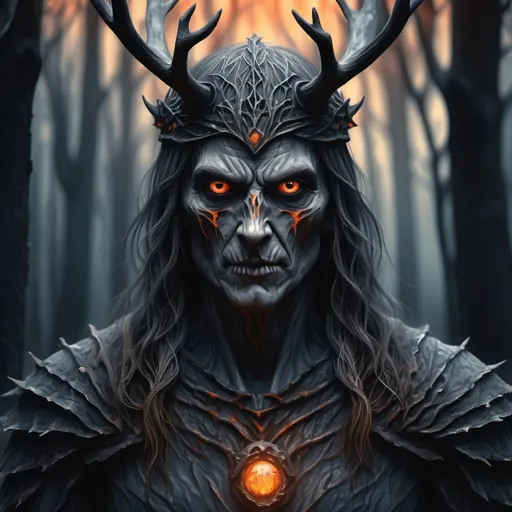 Prompt: Realistic image, 4K image, 3D image, we see it from the front, centered, a background with (medium closeup:0.6) portrait, we see the medeival dark scary evil forest, in watercolors with natural dark colors, with a shimmering orange light, the colors should be in dark blue, grey, red, orange, brown, yellow, green, creme, peach, black with gold in details. dark evil scary creatures arises from th forest in the the backdrop. John Bauer's style. Digital Image.