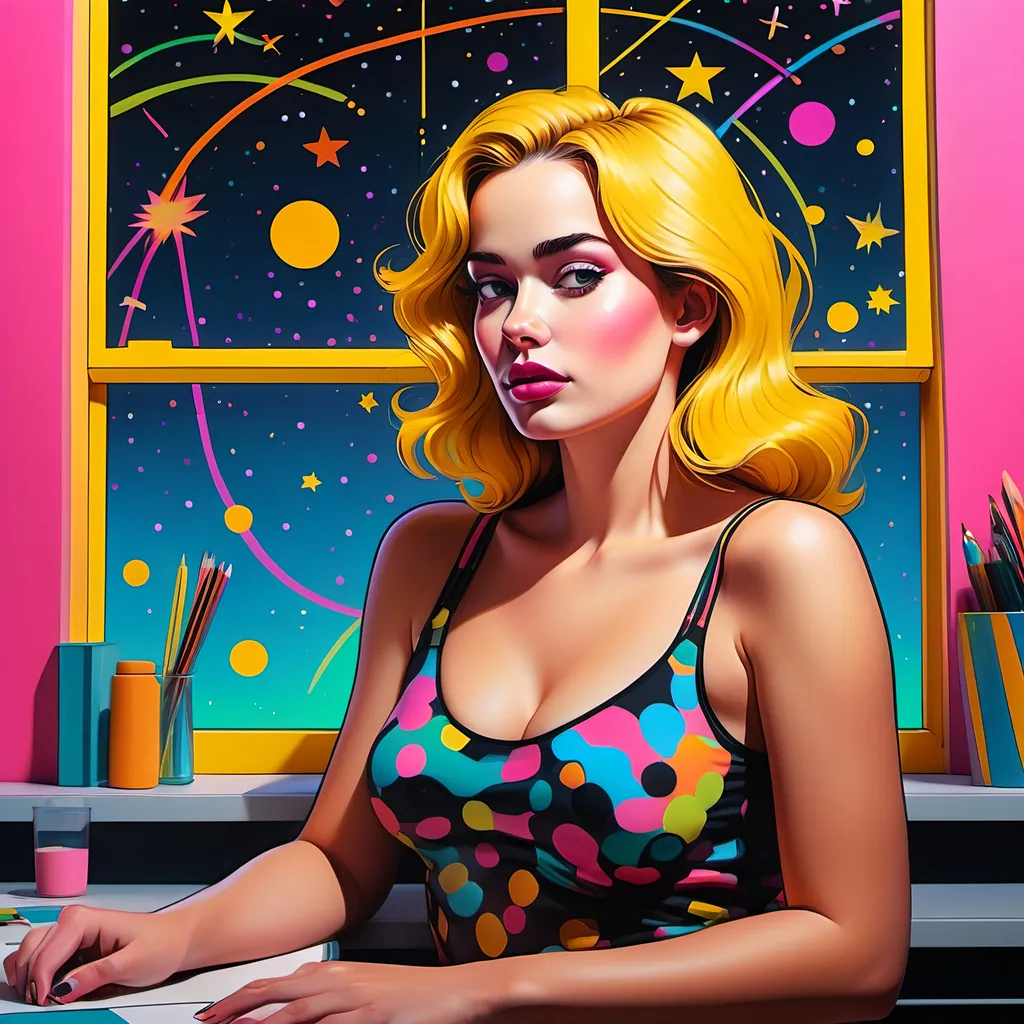 Prompt: A full figure image, 4k image, portrait, with dots, stars and lines in bright, saturated colors in pop art style. The lines should be narrow in the middle and widen as they extend to the edge of the work surface. Strong colors such as Pink, Blue, Green, Yellow, Orange, black and gold in the details. A Beautiful open window with curtains moving in the wind, Outside the window we see planets, flowers, stars and floating houses and cats. The background should be kitsch and contain dots and zigzag lines. Gustav Klimt's style.