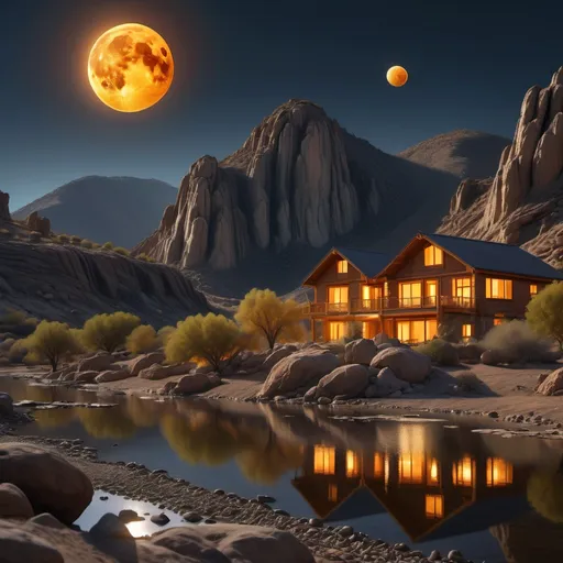 Prompt: 4k image, A detailed, bare image with a large orange and yellow glowing moon, large in the background, visible above the surface between two rocky very high mountain peaks. In the foreground is a shallow river and a desert with bushes. on the right a small timberhouse with a garden and a appletree, centered, we see the woman from the front, she is standing in front of us, and pointing towards the big moon, her hair is moving in the wind and her maxi dress is moving in the same direction. The image should have dark undertones and appear with orange blue and purple tones. There should be light coming from the moon, which is reflected away from the stage. Michelangelo's style. Digital Image,