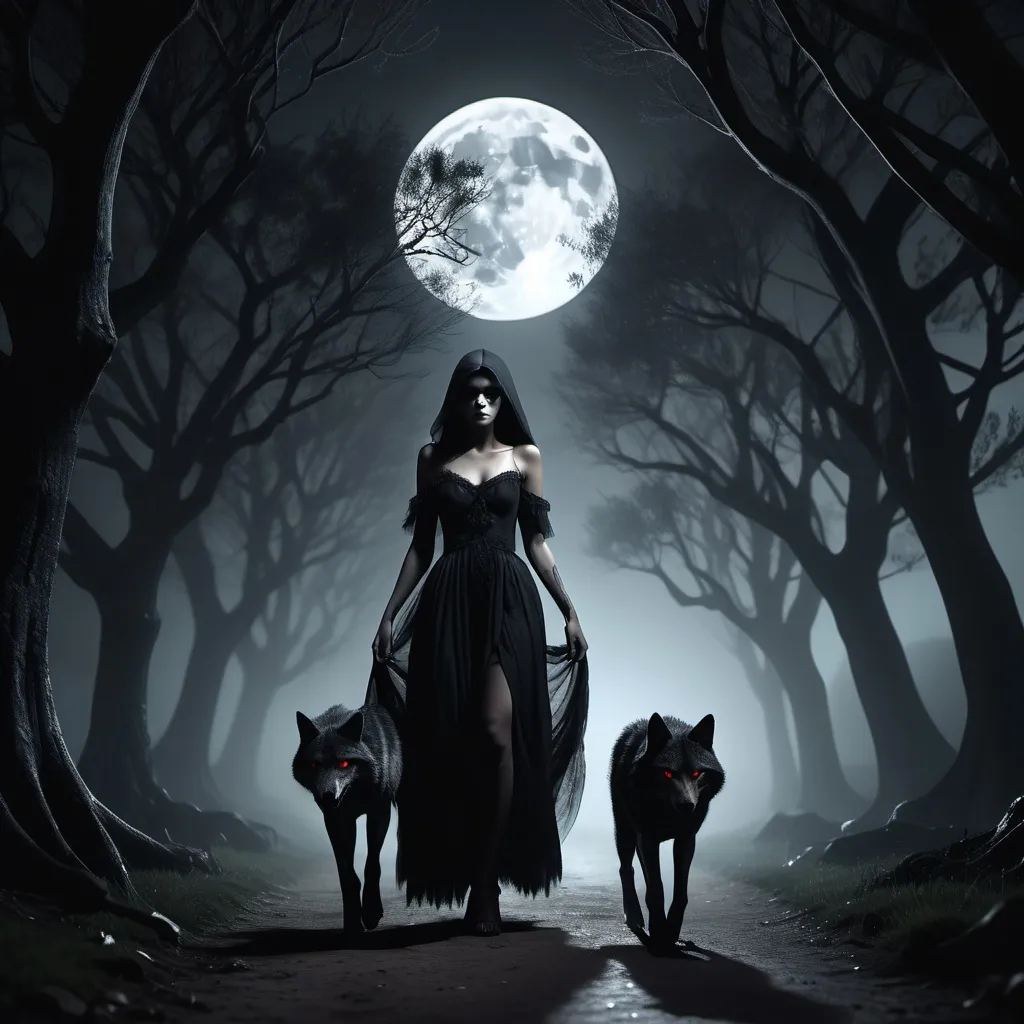 Prompt: 4K image, 3D image, dark, misted,dusty world, night time, no light only moon light for some lights, We see a dark lady walking on a path, she is wearing all black, and she have two scary wolfs with her one on each side of her, Behind her we see a huge dark scary tree, with arms that grabs for everything, the tree can eat, ,when it have grabbed something. it puts it in the trees razorscarp mouth and eat it, the mouth is red. But the tree does not take the lady or the wolfs, they are the trees protector, Scary, dark, spooky athmosphere, halloween image.. William Morris style, digital image.