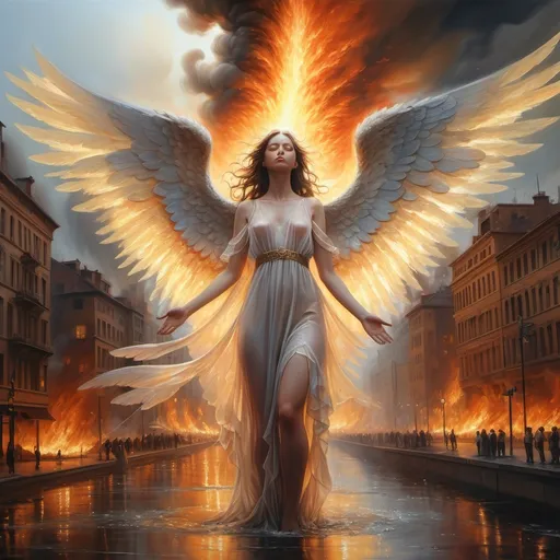 Prompt: 4k image, A oil painting in natural colors, We see a beautiful angel dressed in a sheer dress with wings that could cover the city completely. who hovers over a city on fire, she extinguishes the fire with large vessels of water in which she pours over the city, the people of the city pray to her and thank her for saving them. A war is over. She has won over hatred and she hovers over the city as a protector, Moon is up, and other angels are ascending to her aid. MIchelangelo's style, digital image.