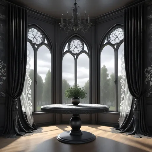 Prompt: A 4k, 3d model, realistic image, seen from the front, We see a huge stained window in the center, of a room the wallpapers are dark in colors dark grey and silver lines, the window are draped with some very beautiful welvet and lace gothic curtains, in front of the window, there are a round dark glass table with tree feet, and two chairs attached to it. The floor are made of dark board floor. On the table there are a beautifull glassvase with black and red roses in, some soft lights comes through the window giving a almost glittering, glowing, light emitting, with a style reminiscent of William Morris's work. black background.