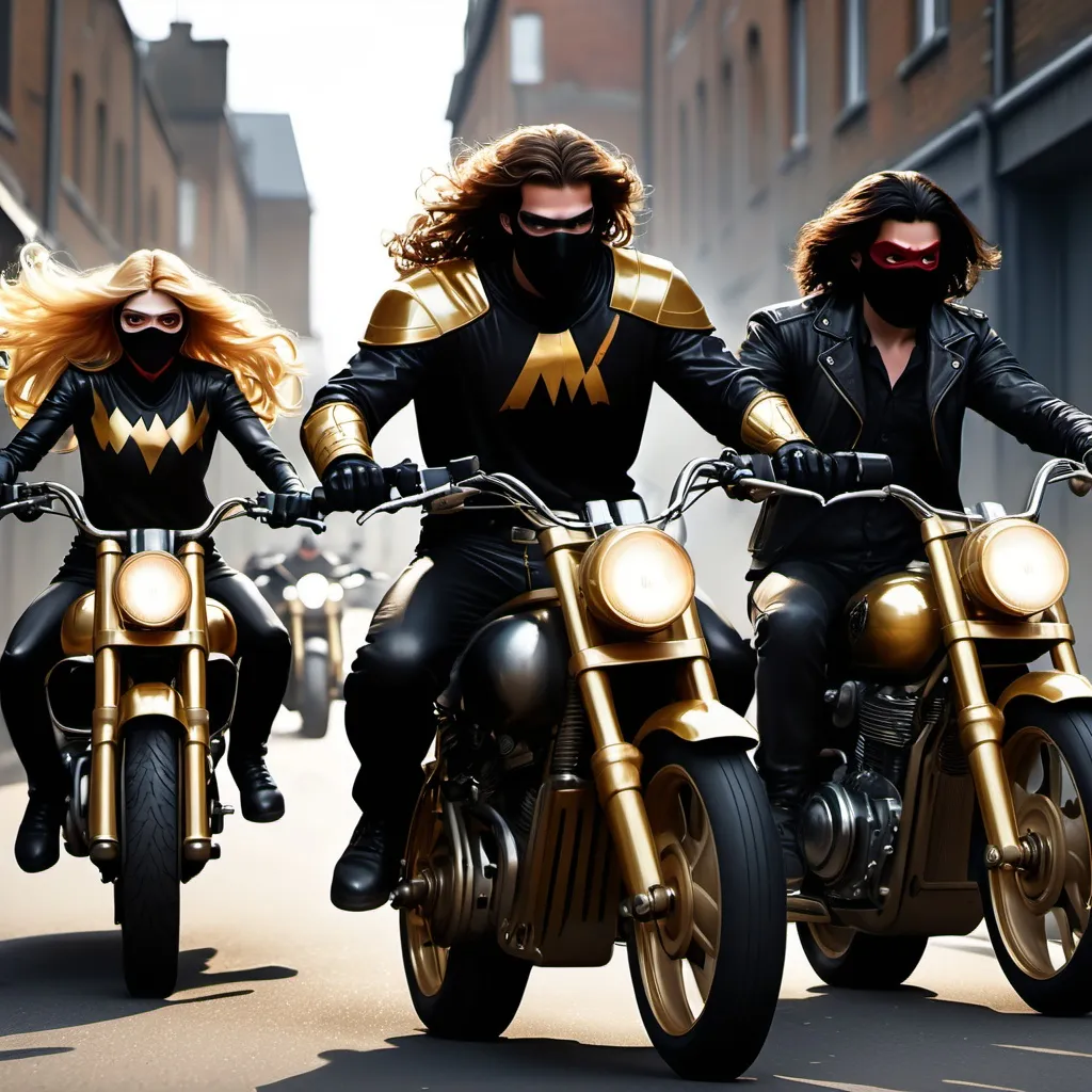 Prompt: 4K image, realistic image, dark natural colors, We see four motorbikes, with a man on each motorbike, one has long dark hair, another has blonde hair, a third has black hair and a fourth has red hair, they all wear an eye mask and are dressed in black and gold superhero clothes . They are the new modern musketeers, William Morris style, digital image.