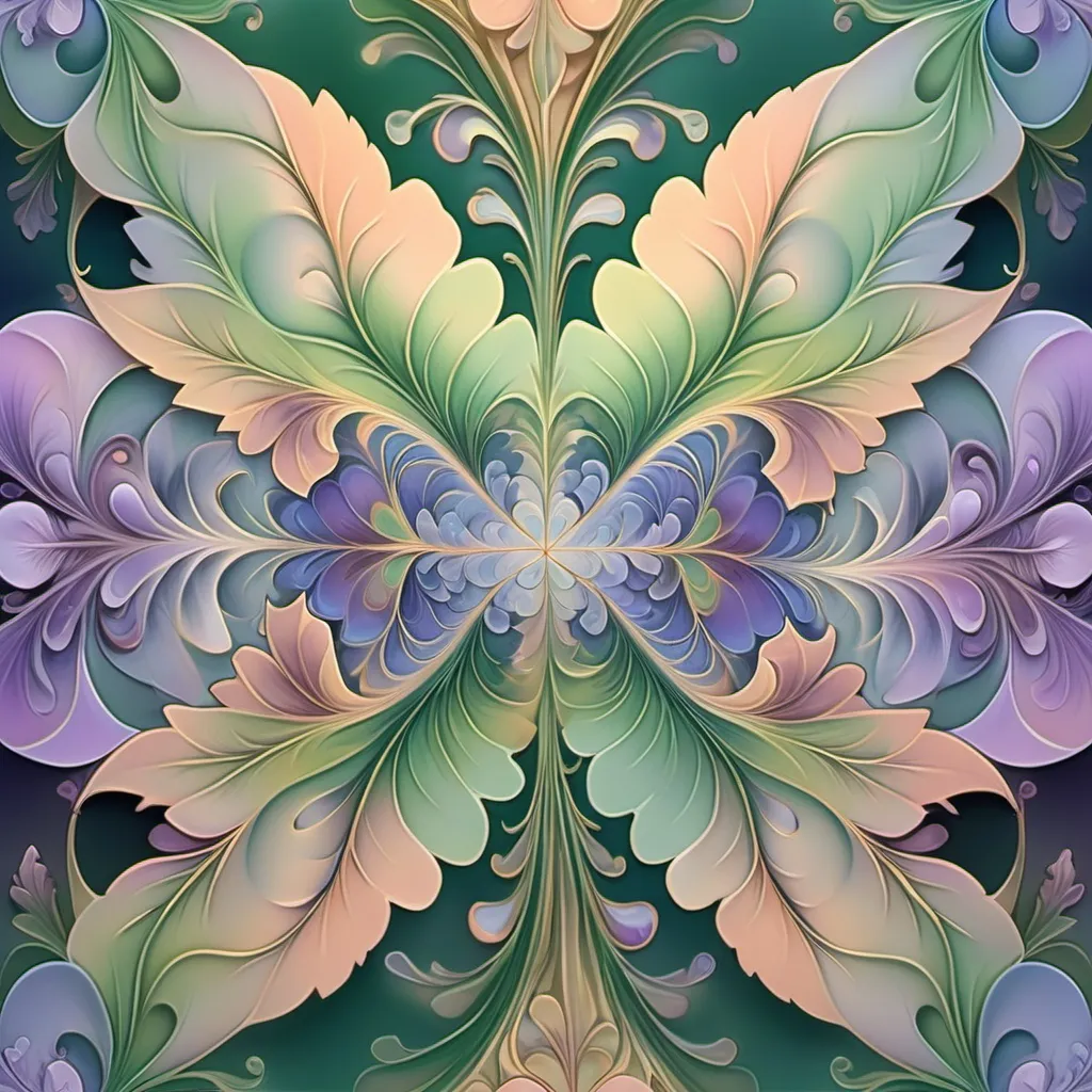 Prompt: 4k image, oil painting, A fractal with an intricate design of interconnected shapes resembling leaves and violets, against a gradient background, using shades of green blue, peach and lilac and gold to create a art deco, serene and ethereal atmosphere, Carl Larsson's style. digital image,