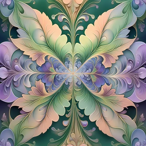 Prompt: 4k image, oil painting, A fractal with an intricate design of interconnected shapes resembling leaves and violets, against a gradient background, using shades of green blue, peach and lilac and gold to create a art deco, serene and ethereal atmosphere, Carl Larsson's style. digital image,