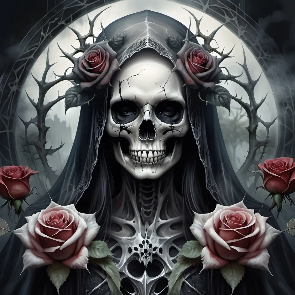 Prompt: Realistic image, dark watercolors, a sheer, light garden with a huge pale and misted, dusty skull,  3D image, Mysticism, Gothic, 4K picture, (medium closeup:0.6) portrait, in a centered circle dressed with thick thorns, bleeding roses and smaller skulls, we see a beautiful dark, evil reaper woman with long dark and silver hair and brown eyes, she is driving a heavy mortorcycle, and she has her scythe tied up in her back, and she is grining, full moon in the far back for spook yellow light. intricate details, dynamic lighting techniques, John Bauer's style. Digital Image.