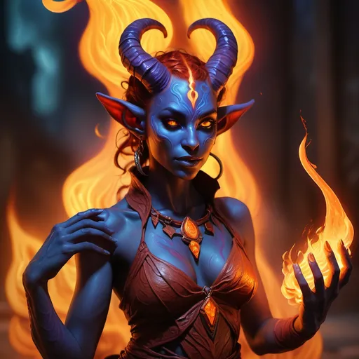 Prompt: (hyper-realistic Tiefling character), (fire hands), fantasy character art, vibrant colors, magical aura, intricate details, dramatic shadows, dynamic pose, warm tones, detailed textures on skin, glowing embers, mystical setting, otherworldly atmosphere, captivating expression, (D&D theme), high quality, ultra-detailed, fantasy illustration.