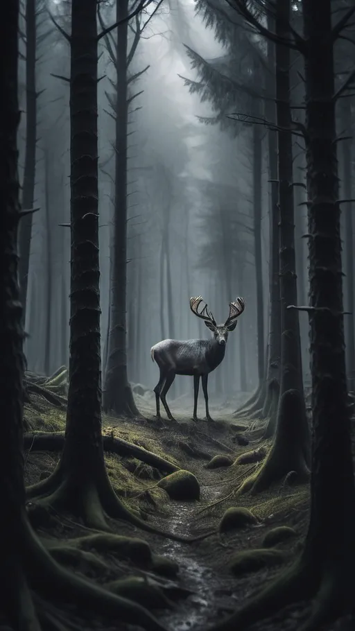 Prompt: dark and stange forest, animals are staring at us