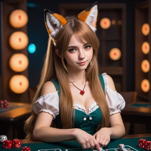 Prompt: Detailed headshot of a beautiful girl with long hair, fox ears, wearing a cute dress, rolling dice on a game table, high quality, detailed, anime, playful, professional, fantasy lighting