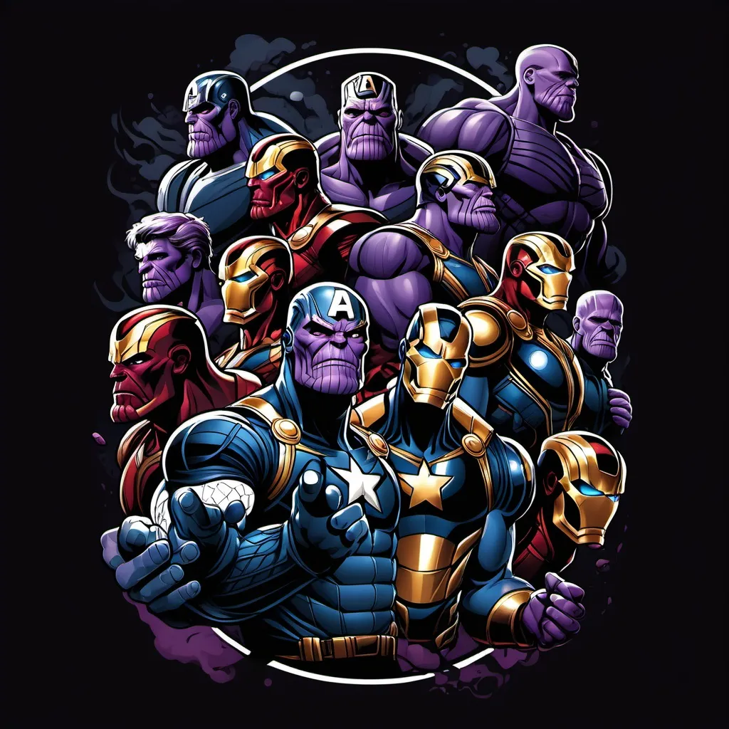 Prompt: Cool avengers dark themed design for a tee where many avengers fighting with thanos and the theme was dark