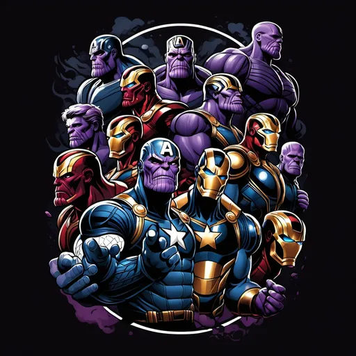 Prompt: Cool avengers dark themed design for a tee where many avengers fighting with thanos and the theme was dark