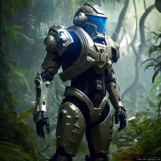 Prompt: Sci fi armoured full body, wearing helmet that covers face , Standing to the right, in a jungle, 8k, highly detailed, trending on artstation, sci fi