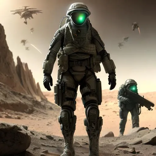 Prompt: future soldier, 8k, highly detailed, futuristic, sci fi, trending on art station, on mars, with green LEDs