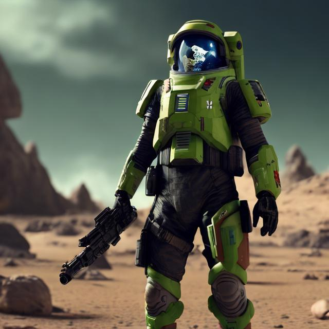 Prompt: A space soldier commander stands towards you with a serious look in his eyes. He has green armor on. He is standing 20 meters away. He is on mars. 8k, highly detailed, trending on artstation, 