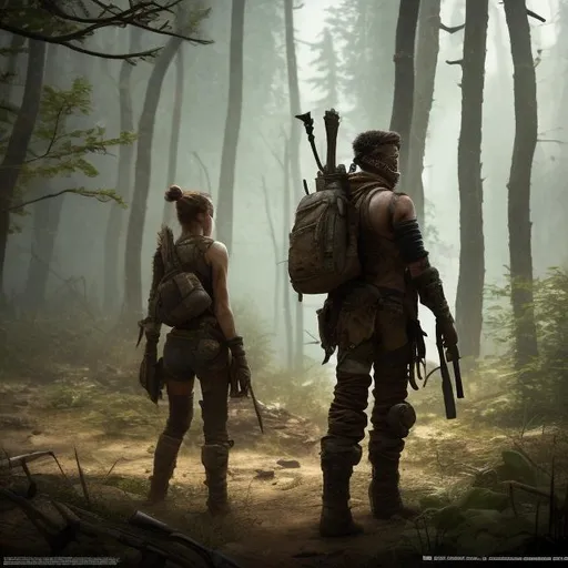 Prompt: Post apocalyptic ranger. Standing to the right, in a forest, 8k, highly detailed, trending on artstation 