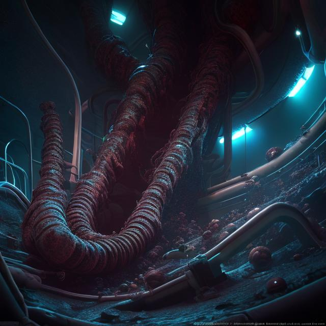 Prompt: giant pitch black space tube worm, 8k, trending on artstation, megafauna, in a reactor room