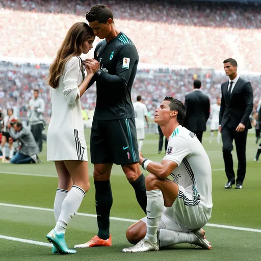 Prompt: 
‏“Leonardo sees the girl in the image and leaves Georgina. Georgina, crying, grabs Cristiano Ronaldo’s foot but Ronaldo ignores her and walks away.”