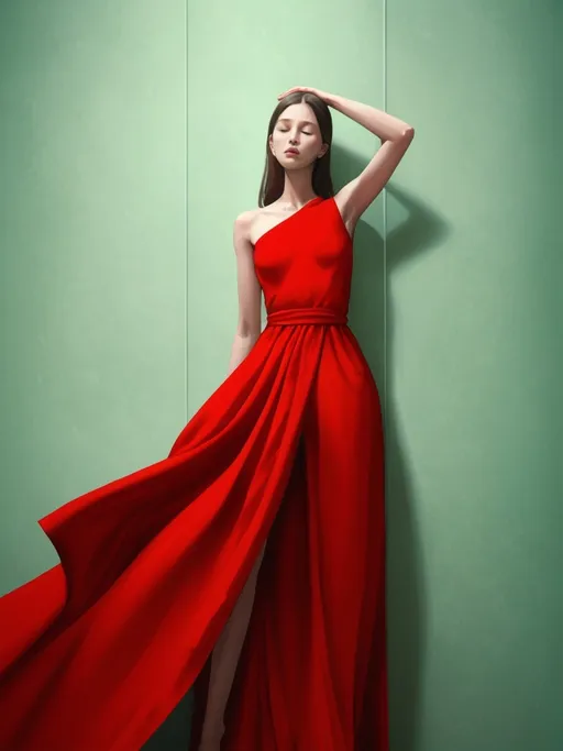 Prompt: A figure stands poised against a soft, pale green wall, bathed in gentle light that enhances the intimate atmosphere of the scene. Clad in a striking red outfit, the subject raises one arm elegantly toward the ceiling while the other hand clutches a portion of the garment, revealing a hint of leg. The composition is framed to emphasize the curves and lines of the body, creating a dynamic interplay between movement and stillness. With a focus on the striking contrast between the bold red fabric and the subdued background, the overall mood conveys a sense of allure and vulnerability, inviting viewers to interpret the narrative of self-expression and confidence.