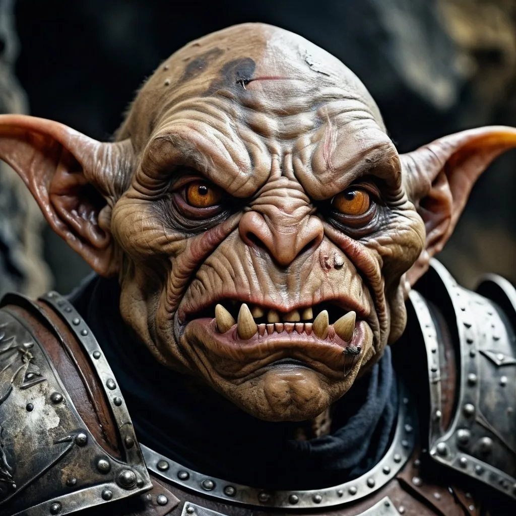 Prompt: portrait of a ugly big goblin boss, ochre skin, teeth, dark fantasy, looks hostile and cowardly, small head, thin eyes, patchwork armor, cave background
