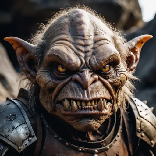 Prompt: portrait of a ugly big goblin boss, ochre skin, teeth, dark fantasy, looks hostile and cowardly, small head, thin eyes, patchwork armor, cave background