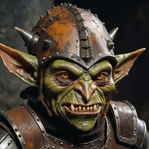 Prompt: portrait of a goblin, ochre skin, teeth, dark fantasy, looks hostile and cowardly, small head, thin eyes, patchwork armor, rusty metal helmet