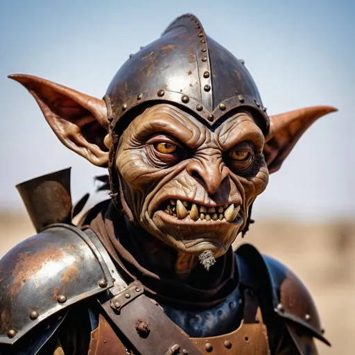 Prompt: portrait of a goblin, ochre skin, teeth, dark fantasy, looks hostile and cowardly, small head, thin eyes, patchwork armor, rusty metal helmet