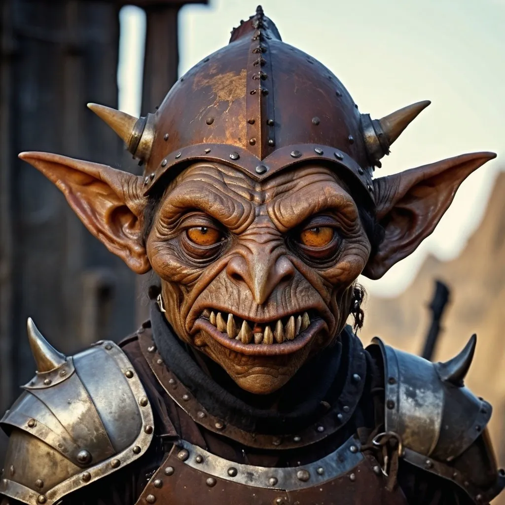 Prompt: portrait of a goblin, ochre skin, teeth, dark fantasy, looks hostile and cowardly, small head, thin eyes, patchwork armor, rusty metal helmet, oil