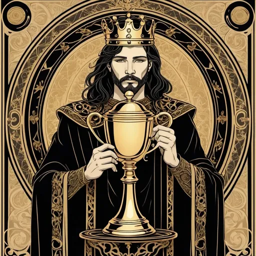 Prompt: king with the cup, tarot, Golden and black color scheme, intricate details, ethereal lighting, flat design, fantasy art, symmetrical composition, art nouveau influence, line art, vector style