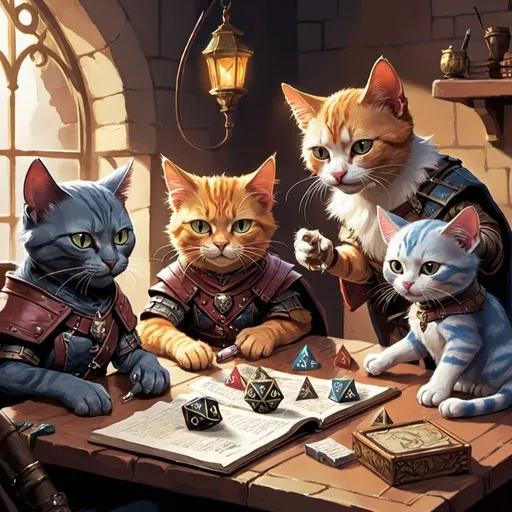 Prompt: cats play dnd, illustration