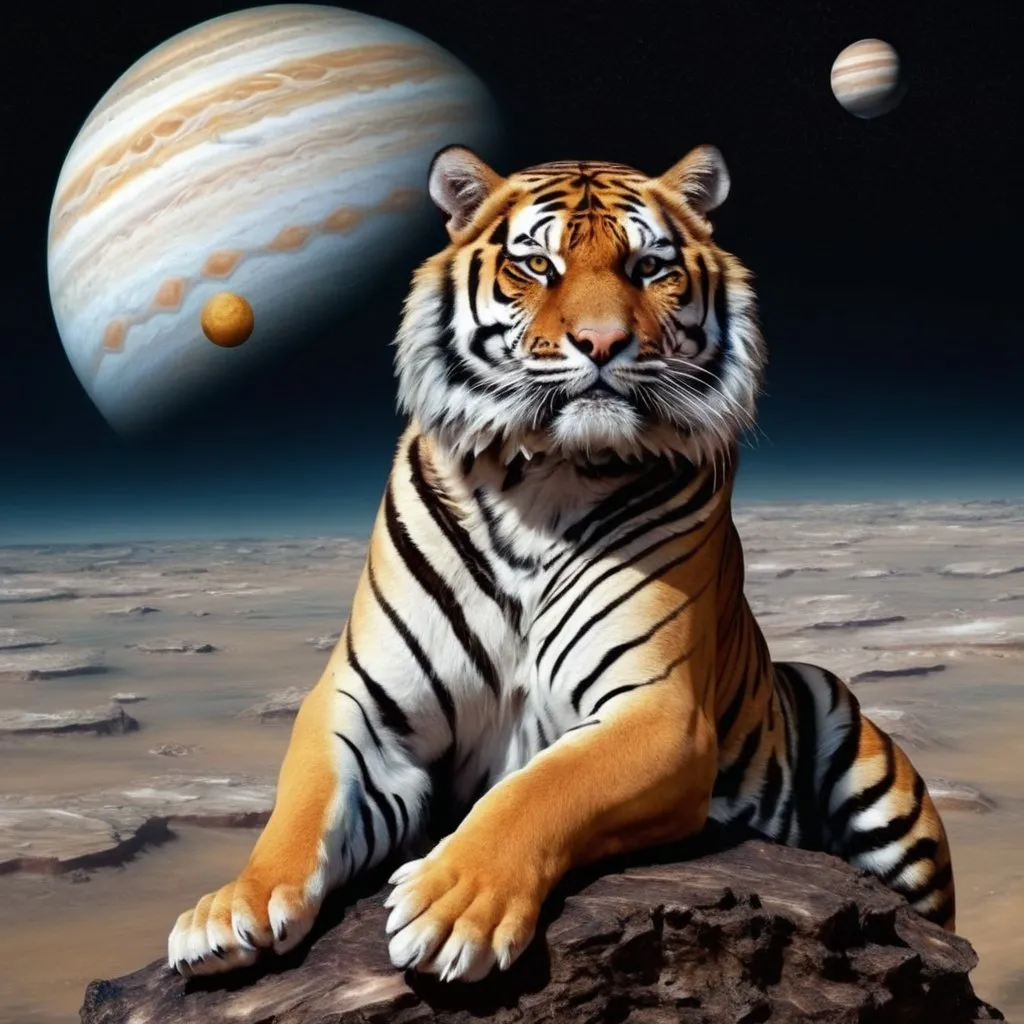 Prompt: Huge Man on Jupiter with a tiger in his right hand