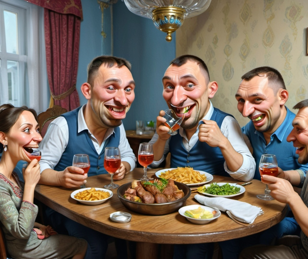Prompt: українське суспільство, за столом їсть, п'є горілку, сміється