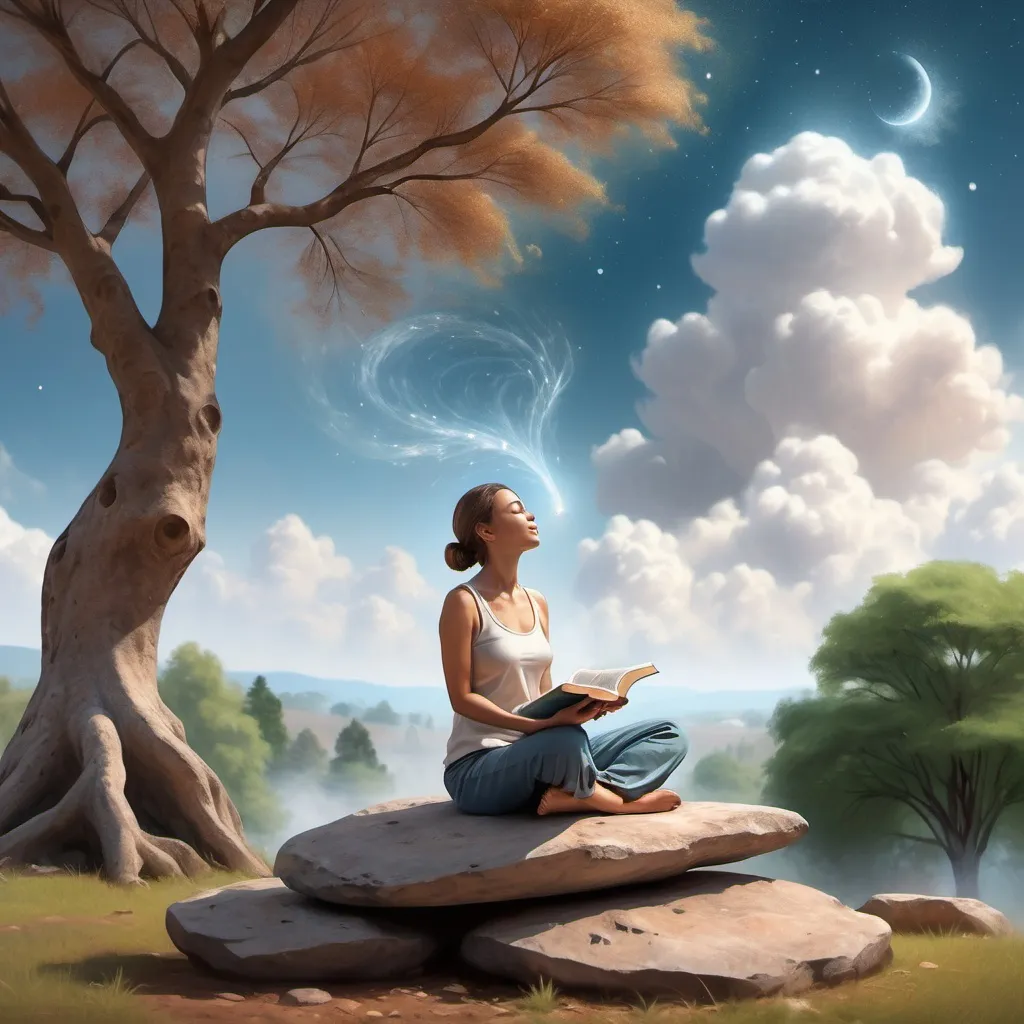Prompt: woman sitting on a stone with a book in her hand and looking at the sky with a tree in the background and meditating, Aina Bagirova, art and language, energy cleansing