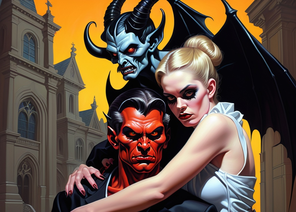 Prompt: a painting of a woman and a man with a demon on their back and a demon on his shoulder, F. Scott Hess, gothic art, highly detailed digital painting, a pop art painting.
