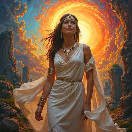 Prompt: Surrealist depiction of a woman as the goddess Athena, showcasing an ethereal and dreamlike atmosphere, vibrant color scheme with bold and striking hues, intricate patterns and details, flowing drapery and mythical elements, an enchanting background filled with whimsical shapes and fantastical landscapes, capturing the essence of ancient wisdom and strength, ultra-detailed, high quality 4K.