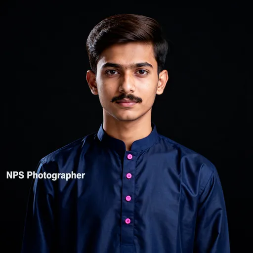 Prompt: This is a photograph of a young man standing against a solid black background. The subject is centered in the image and is looking directly at the camera with a neutral expression. He has short, dark brown hair that is neatly combed to the side. His skin tone is light to medium, and he has a small mustache. He is wearing a dark blue, long-sleeved, button-up kurta, which is a traditional South Asian garment. The kurta has a high collar and is fastened with five pink buttons. The fabric of the kurta appears to be slightly shiny and smooth, suggesting a cotton or cotton-blend material. The left side of the kurta has a small white text that reads "NPS Photographer." The black background is completely plain, providing no additional context or elements, and makes the subject stand out prominently. The photograph is well-lit, with even lighting that eliminates any shadows on the subject, highlighting the details of his attire and facial features. The overall style of the photograph is straightforward and professional, focusing on the subject with no distractions in the background.