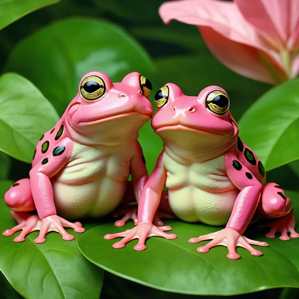 Prompt: A pink colors frogs 
sitting on green leaves