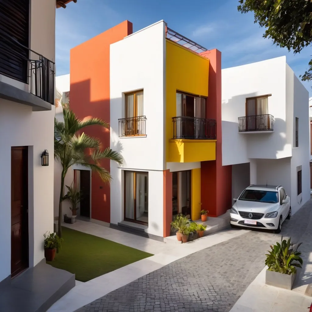 Prompt: CASA RESIDENCIAL ACOGEDORA Y FAMILAR DE DOS PISOS ESTILO MODERNO Y COLONIAL CON COLORES ATRACTIVOS CON UNA PUESTA DE SOL Y CON PERSONAS CAMINANDO EN LA CALLE