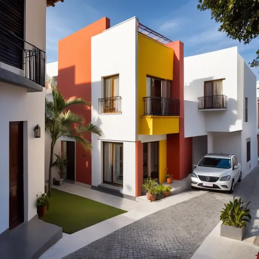 Prompt: CASA RESIDENCIAL ACOGEDORA Y FAMILAR DE DOS PISOS ESTILO MODERNO Y COLONIAL CON COLORES ATRACTIVOS CON UNA PUESTA DE SOL Y CON PERSONAS CAMINANDO EN LA CALLE