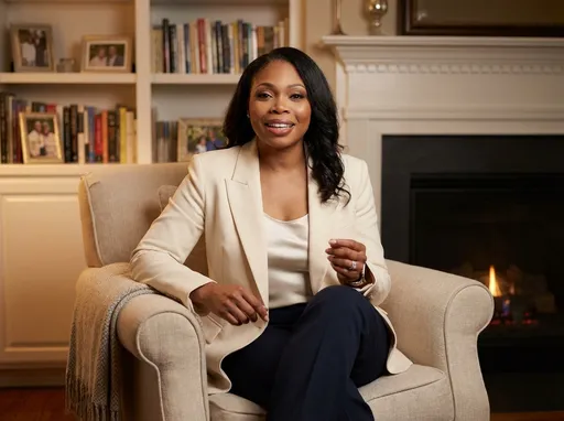 Prompt: Create a motivational speaker character, Bruelle who speaks with  Faith, confidence , warmth and authenticity.this character believes deeply that nothing good is impossible that any dream can can be accomplished but when God interverne he makes everything possible . showing me up in nice outfit and sitting in a nice  living room . nice  warm setting.
