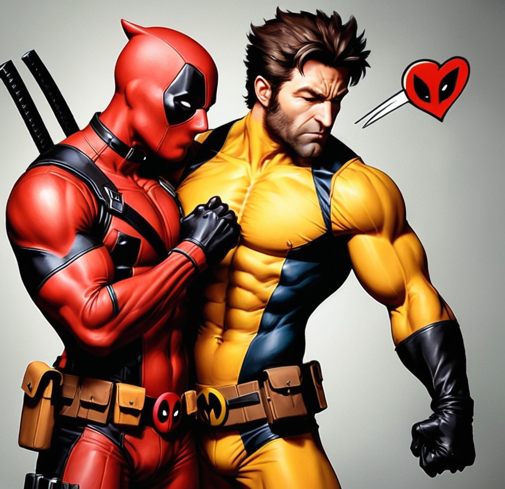 Prompt: deadpool and wolverine kissing ,