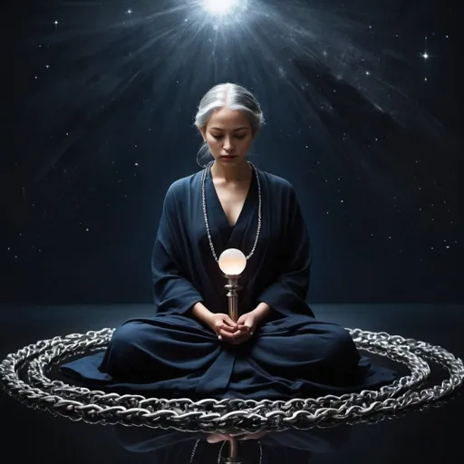 Prompt: Create an image of a world leader who embodies the philosophy of EFILism. This leader should have an aura of solemn authority and deep contemplation, reflecting the serious nature of EFILism. Portray them standing on a global stage, dressed in formal, dark attire that signifies their role and the gravity of their philosophy. Their expression should be serious, yet compassionate, reflecting their belief in ending suffering. Surround them with symbolic elements such as broken chains, fading flowers, or an hourglass, indicating the release from the cycle of life and suffering. The background should be a blend of dark, starry space and soft, ethereal light, symbolizing both the vastness of the universe and the hope for liberation. Use a subdued color palette with shades of dark blue, black, and hints of white and silver to convey the depth and complexity of EFILism. The overall mood should be one of profound contemplation, compassionate authority, and a vision for a future free from suffering