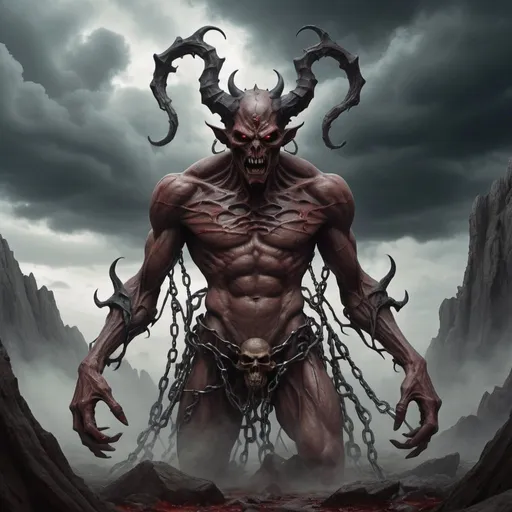 Prompt: Create a demonic figure representing EFILism, with a grotesque and twisted appearance. The demon should have multiple eyes, twisted limbs, and a skeletal frame. Integrate symbols of life's suffering, such as chains, blood-stained clocks, and decayed natural elements like dead trees and withered plants. Place the demon in a chaotic, nightmarish landscape with dark, swirling clouds, jagged rocks, and a lifeless ground. The demon's expression should convey anguish and torment, and its stance should be aggressive and predatory.

