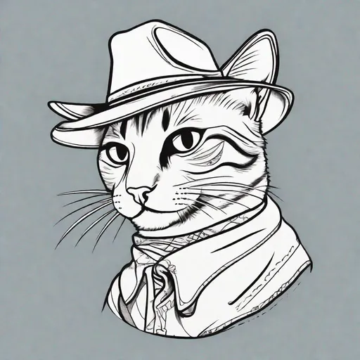 Prompt: A very simple line art cat wearing a cowboy hat and bandana around neck on a solid background